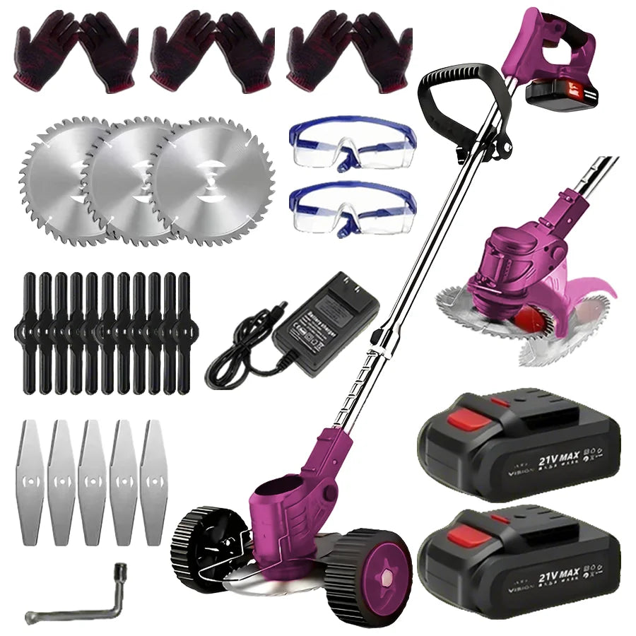 small portable cordless electric lawn mower with 2 high-capacity lithium batteries and 3 blades, man