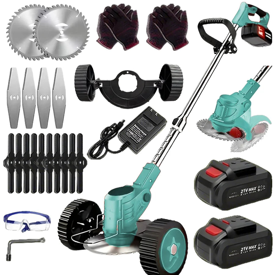 small portable cordless electric lawn mower with 2 high-capacity lithium batteries and 3 blades, man