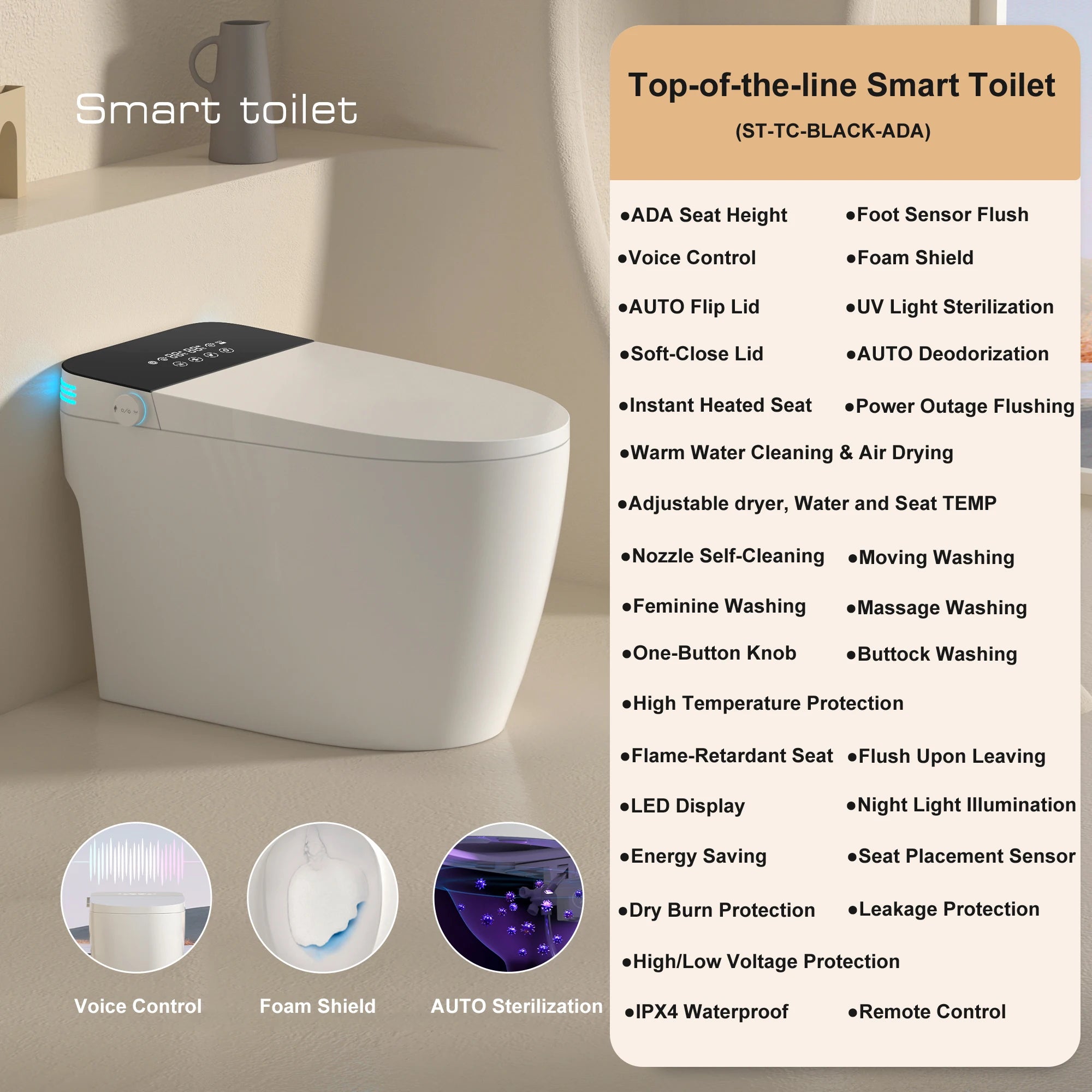 Smart Toilet with Built-in Bidet, AUTO Open/Close, Warm Water Sprayer, AUTO Dual Flush, Heated Bidet Toilet Seat for Bathrooms