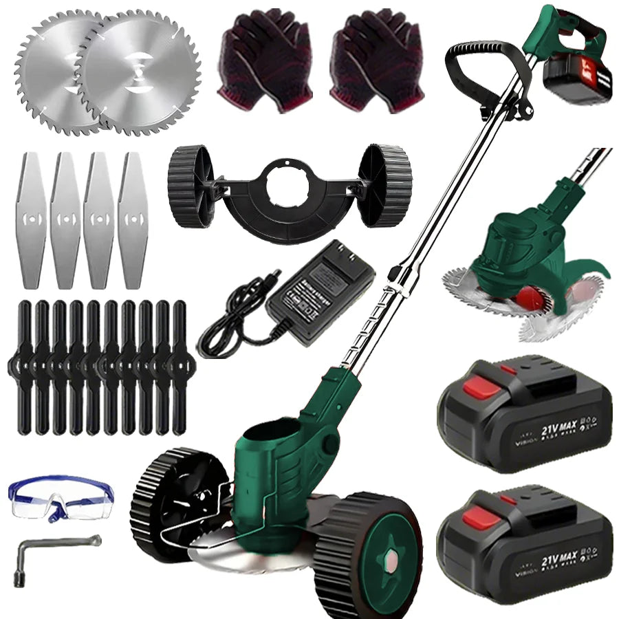 small portable cordless electric lawn mower with 2 high-capacity lithium batteries and 3 blades, man
