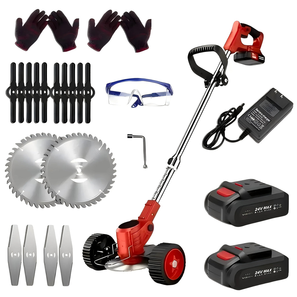 small portable cordless electric lawn mower with 2 high-capacity lithium batteries and 3 blades, man