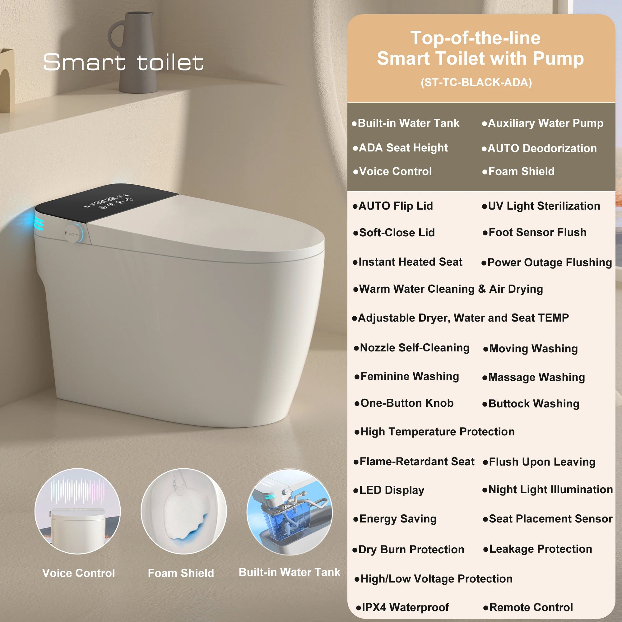 Smart Toilet with Built-in Bidet, AUTO Open/Close, Warm Water Sprayer, AUTO Dual Flush, Heated Bidet Toilet Seat for Bathrooms