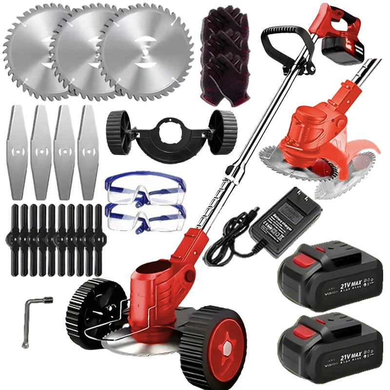 small portable cordless electric lawn mower with 2 high-capacity lithium batteries and 3 blades, man