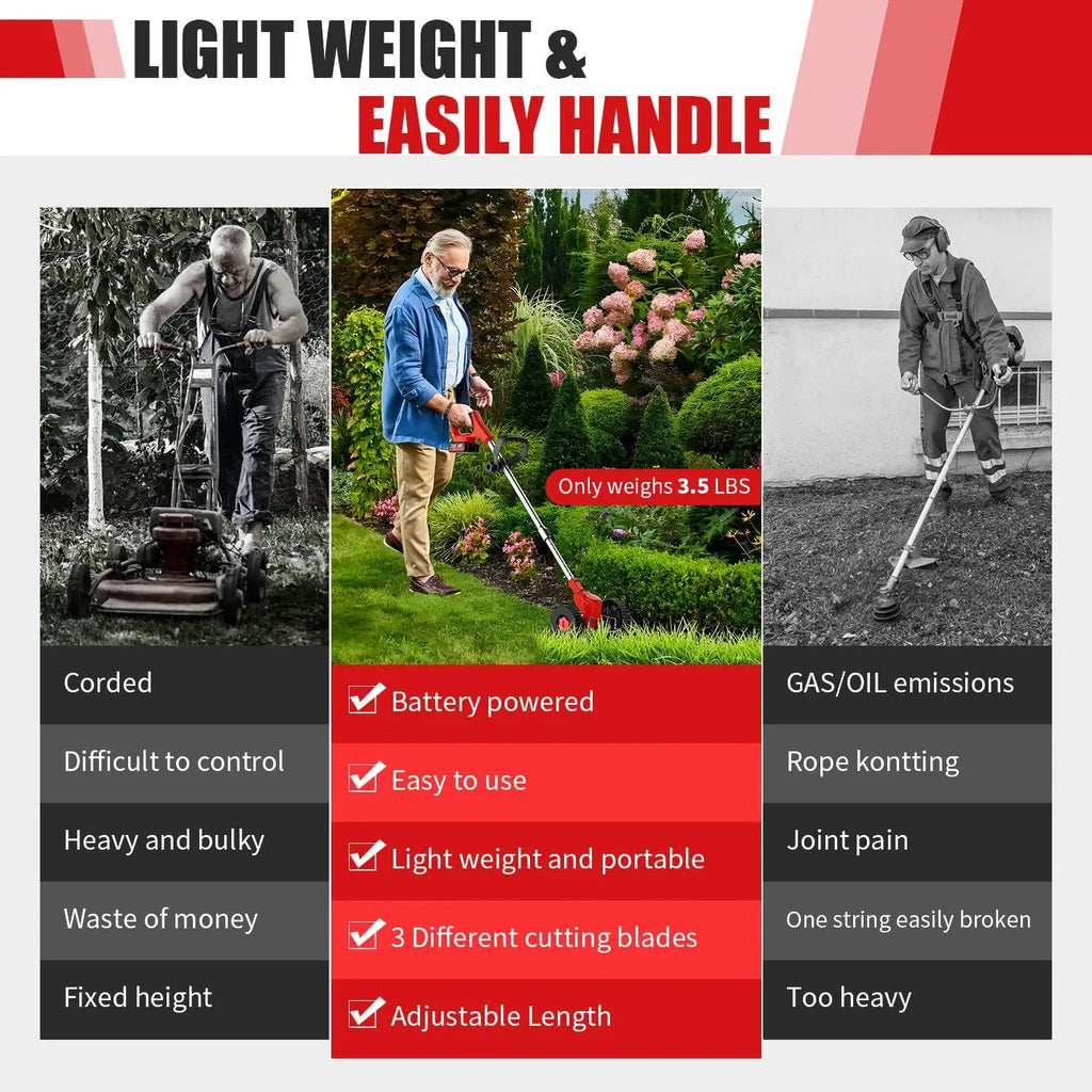 small portable cordless electric lawn mower with 2 high-capacity lithium batteries and 3 blades, man