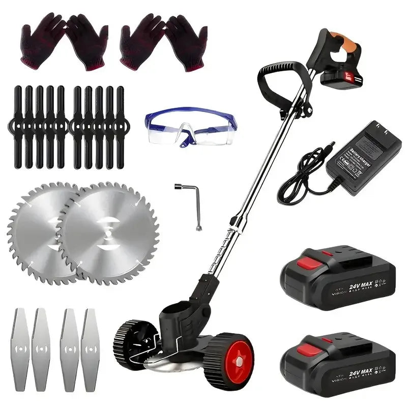 small portable cordless electric lawn mower with 2 high-capacity lithium batteries and 3 blades, man