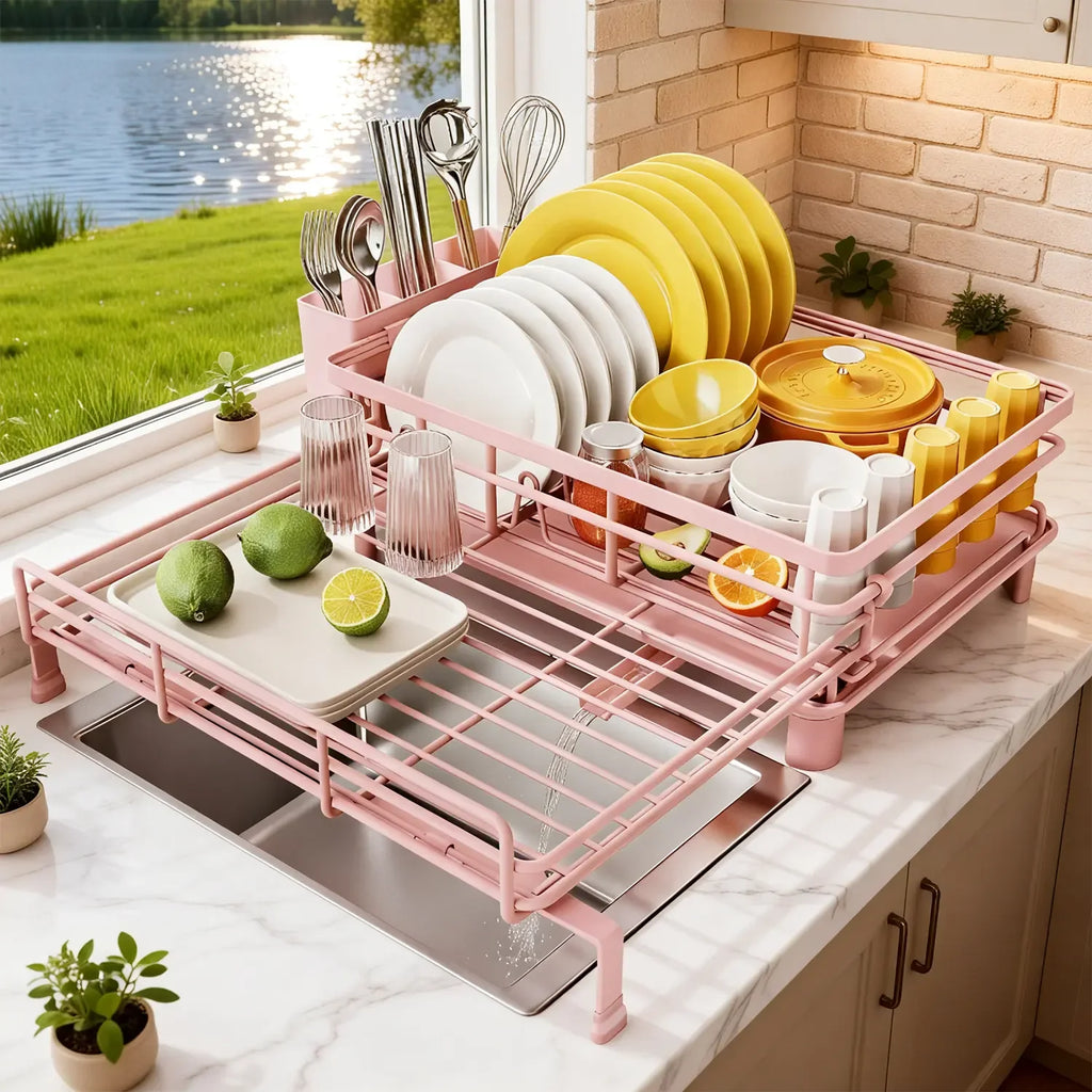 Extendable Dish Drying Rack for Large Sink & Kitchen Counter, Stainless Steel Dish Drainer with Utensil Holder