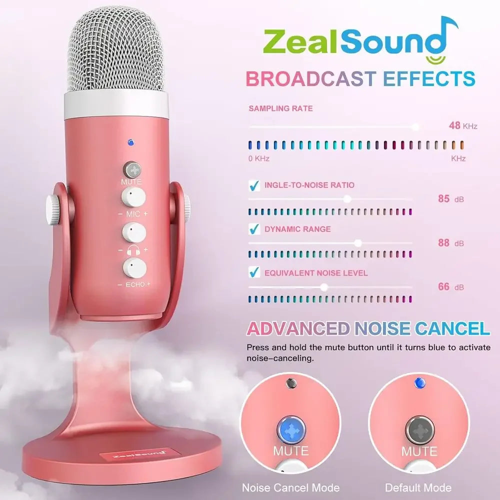 Micrope Pink, Noise Cancellation ASMR Mic with , Volume Adjusent & Mute Button, Monitoring & Echo, or Vocal Recording, Podcast,