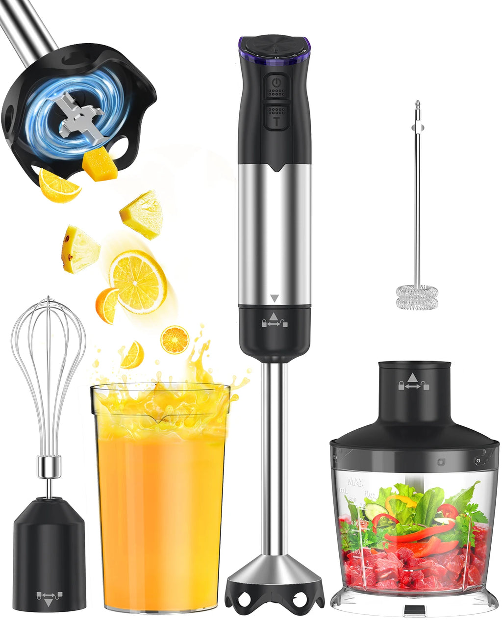 1000W Electric Handheld Immersion Blender, 5 in 1 Kitchen Hand Blender for soups, smoothies, purees and baby food.