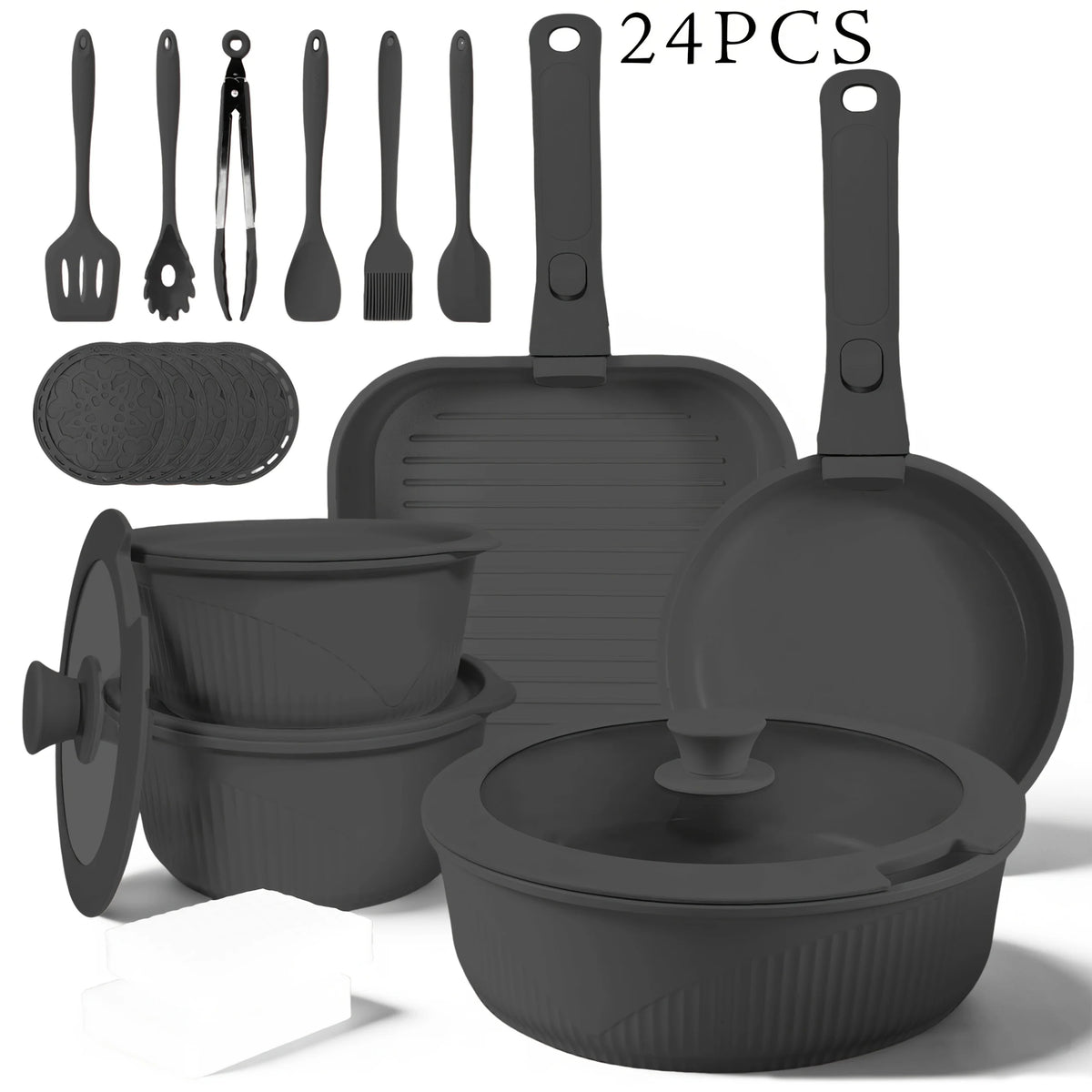 24pcs/7pcs/5pcs Cookware Set Non-Stick Pots & Pans Induction-Ready Kitchen Cookware Set Includes Skillet/Frying Pan/Soup Pot/Steak Pan Removable Handles