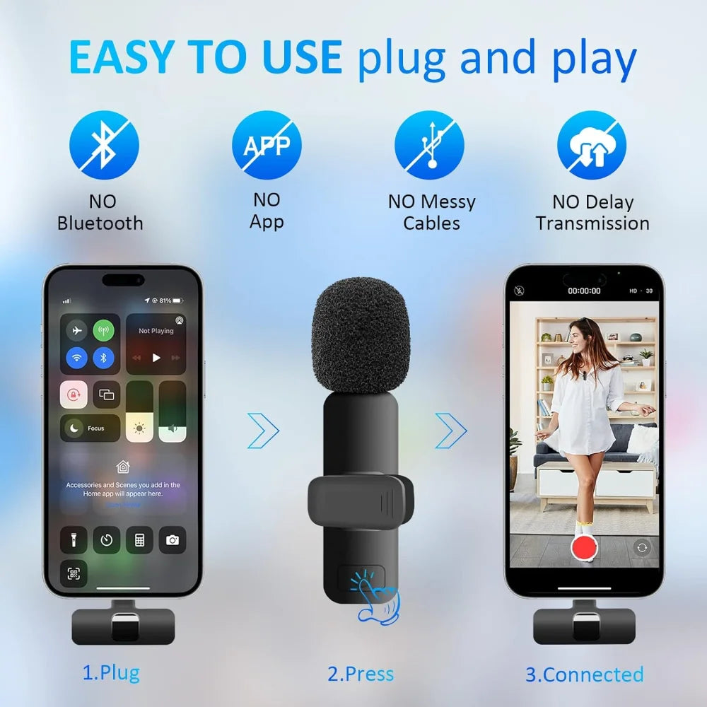 2 Pcs Wireless Lavalier Microphone, Mini Clip-on Mic with Crystal Clear Sound Quality