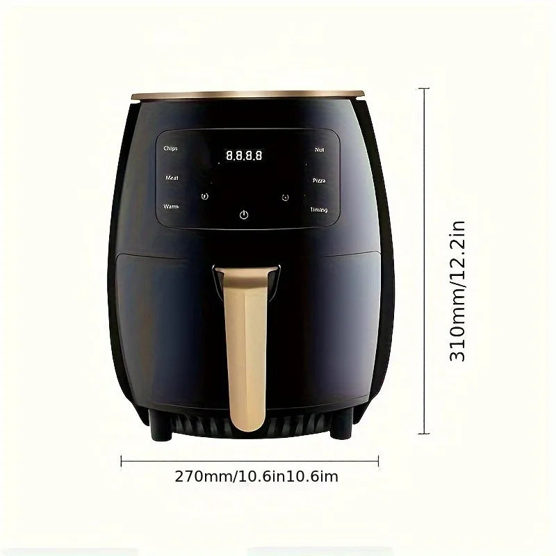 Air Fryer: Features a smart touch screen with color icons, multiple preset recipes, and manual adjustment functions.