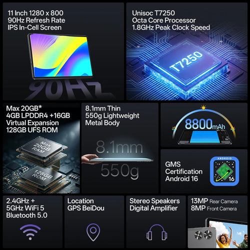 2026 Android 16 Tablet; 11 Inch 90Hz HD IPS Screen, Unisoc T7250 Octa-Core Processor, 4GB Physical RAM + 16GB Virtual RAM 128GB ROM 1TB Expandable, 8800mAh Battery 2.4GHz 5GHz Dual Band WiFi 5 Bluetooth 5.0 GPS Widevine L1