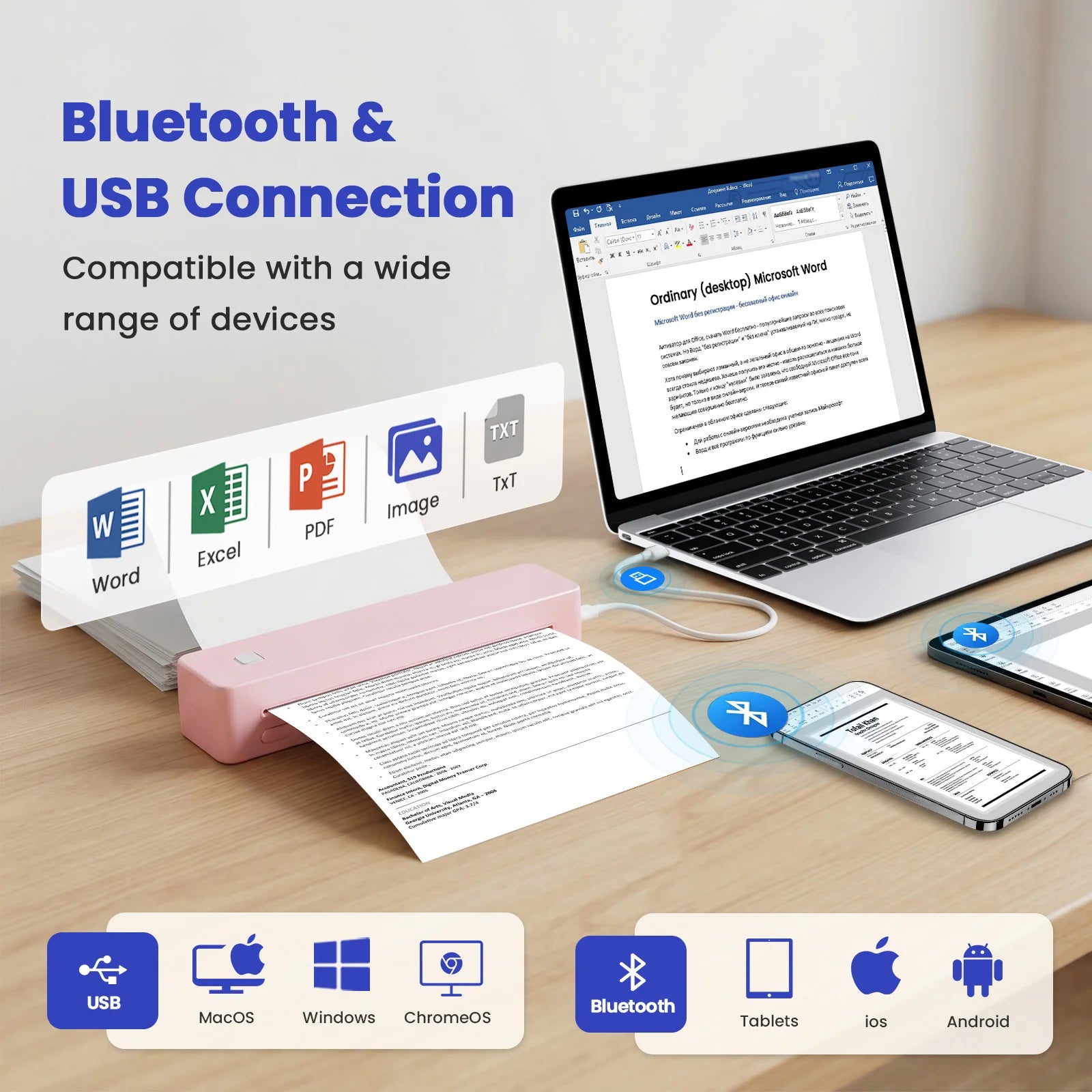 Portable Thermal Printer PDF Printing 1500mAh Battery Support Android iOS