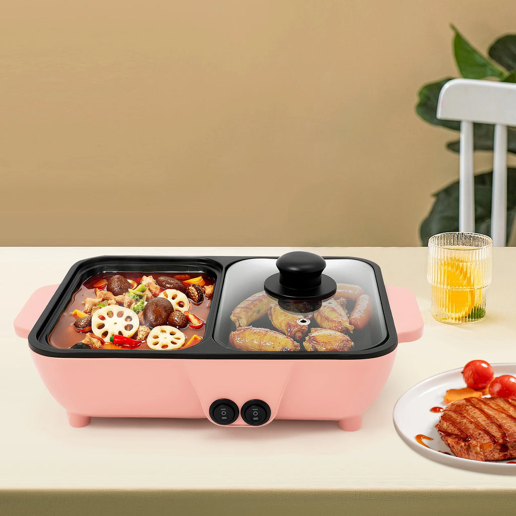Electric Hot Pot, Mini Shabu Shabu and Grill Pan 110V, Pink Non-Stick Pot, American Standard, Portable Cooking Pot