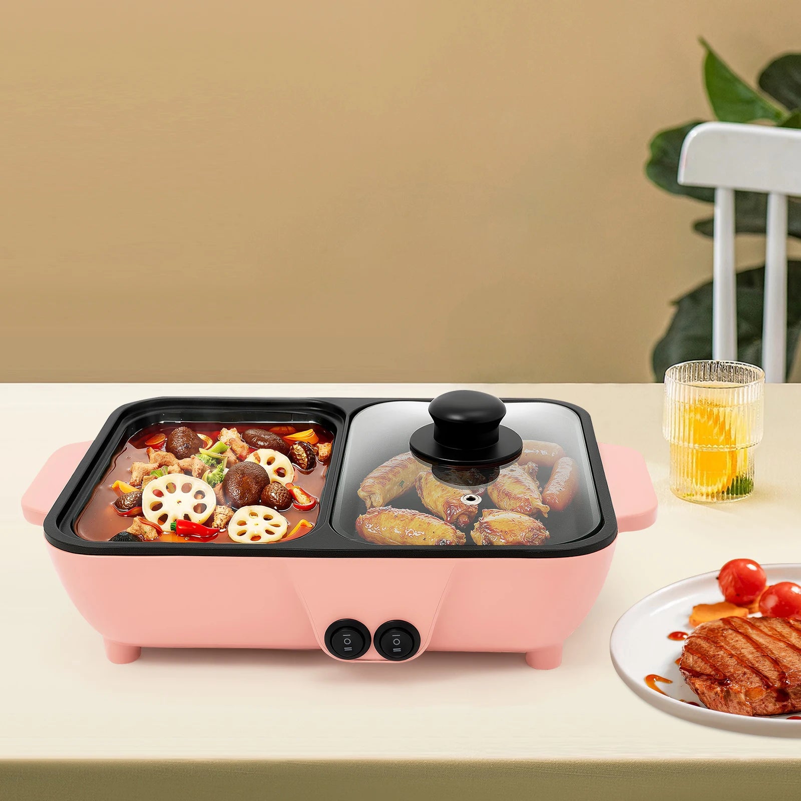 Electric Hot Pot, Mini Shabu Shabu and Grill Pan 110V, Pink Non-Stick Pot, American Standard, Portable Cooking Pot