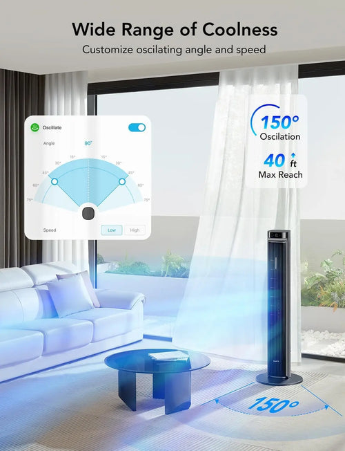 42-Inch Smart Tower Fan with 150° Oscillation, App & Voice Control, 5 Modes & 12 Speeds Up to 26ft/s, 24-Hour Timer, 27dB Silent Cooling for Home Office, Silver