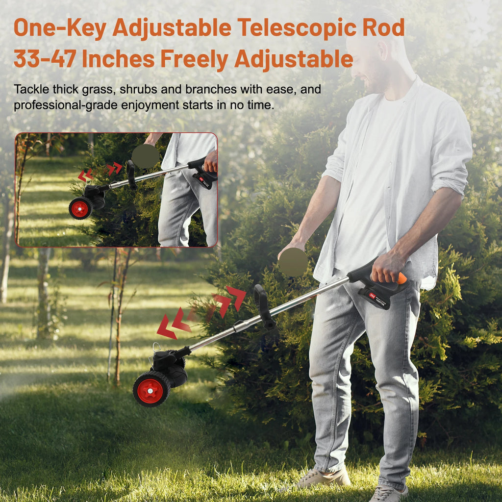 Electric Weed Trimmer With Wheels 21V Cordless Lawn Mower 3 in 1 Two 4.0Ah Batteries Charger Three Blades