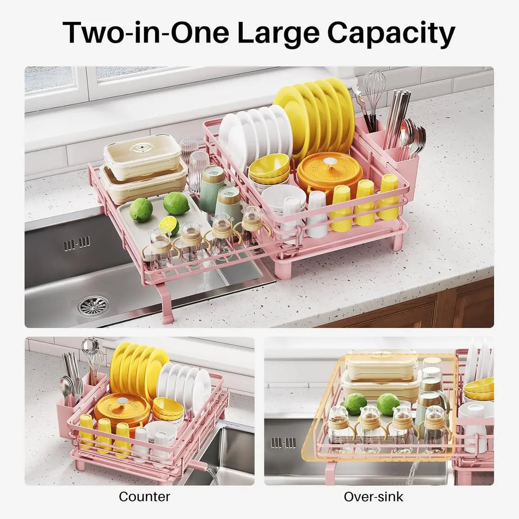 Extendable Dish Drying Rack for Large Sink & Kitchen Counter, Stainless Steel Dish Drainer with Utensil Holder