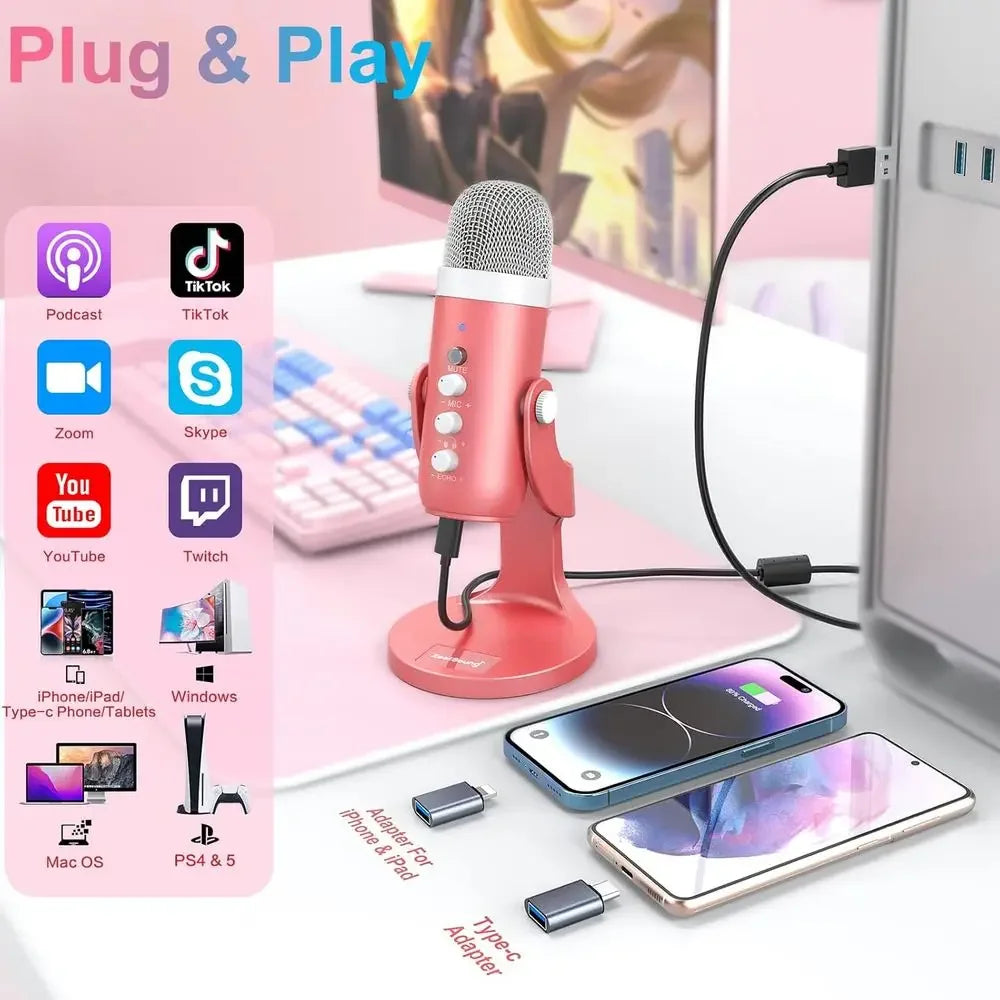 Micrope Pink, Noise Cancellation ASMR Mic with , Volume Adjusent & Mute Button, Monitoring & Echo, or Vocal Recording, Podcast,