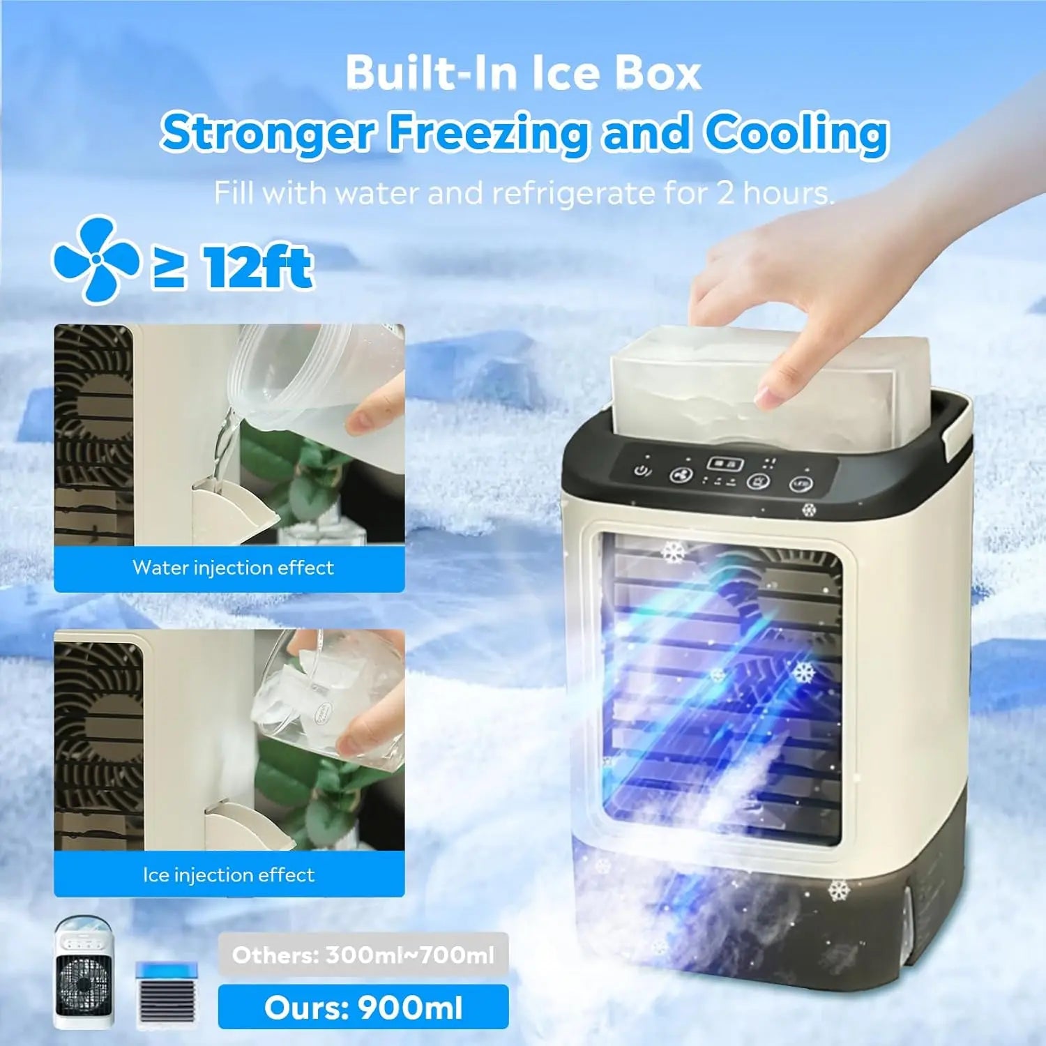 Evaporative Air Cooler with 900ml Water Tank & Ice Box, 7-Color LED Light, 3 Fan Speeds + Boost Mode & 2 Mist Levels, Portable Personal AC Fan