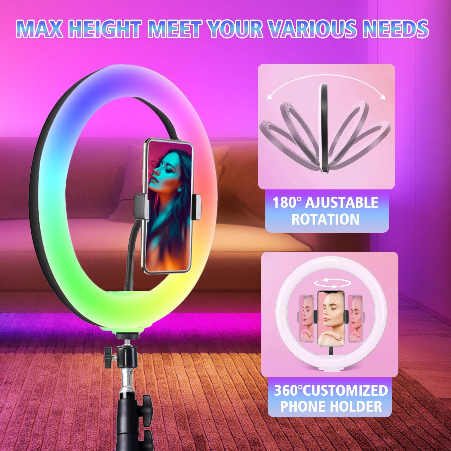 Professional Selfie Ring LED Light, USB Powered,160cm Tall Stand, 38-Color RGB, Live Streaming