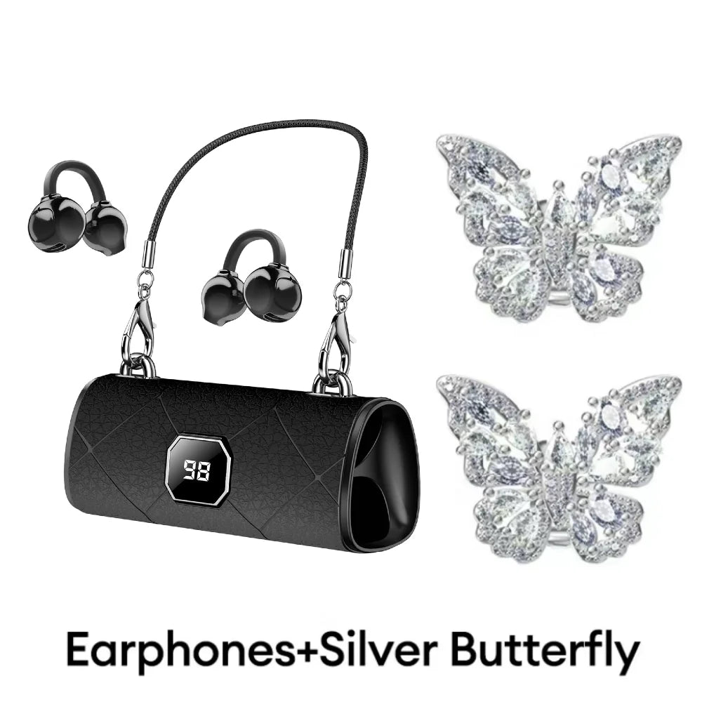 Fashion Clip-On Wireless Headphones With Butterfly Earrings Bluetooth 6.0 LED Display HiFi Sound Sport Earbuds