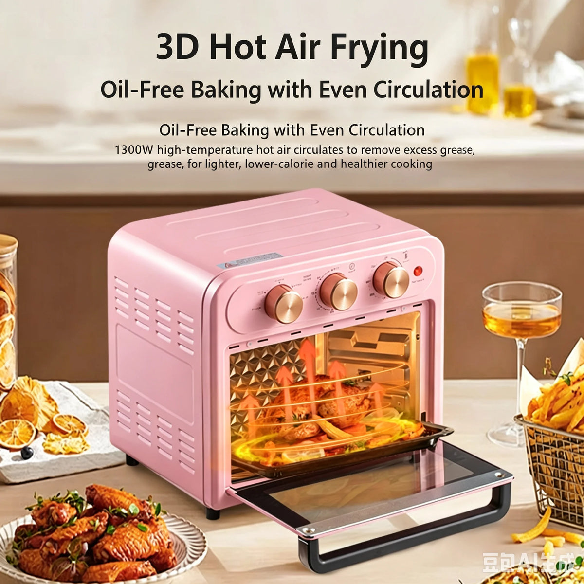 15L Retro Pink Multifunctional Air Fryer/Toaster Oven/Oven Oil-Free Baking Mini Electric Oven 15.85QT Countertop Oven