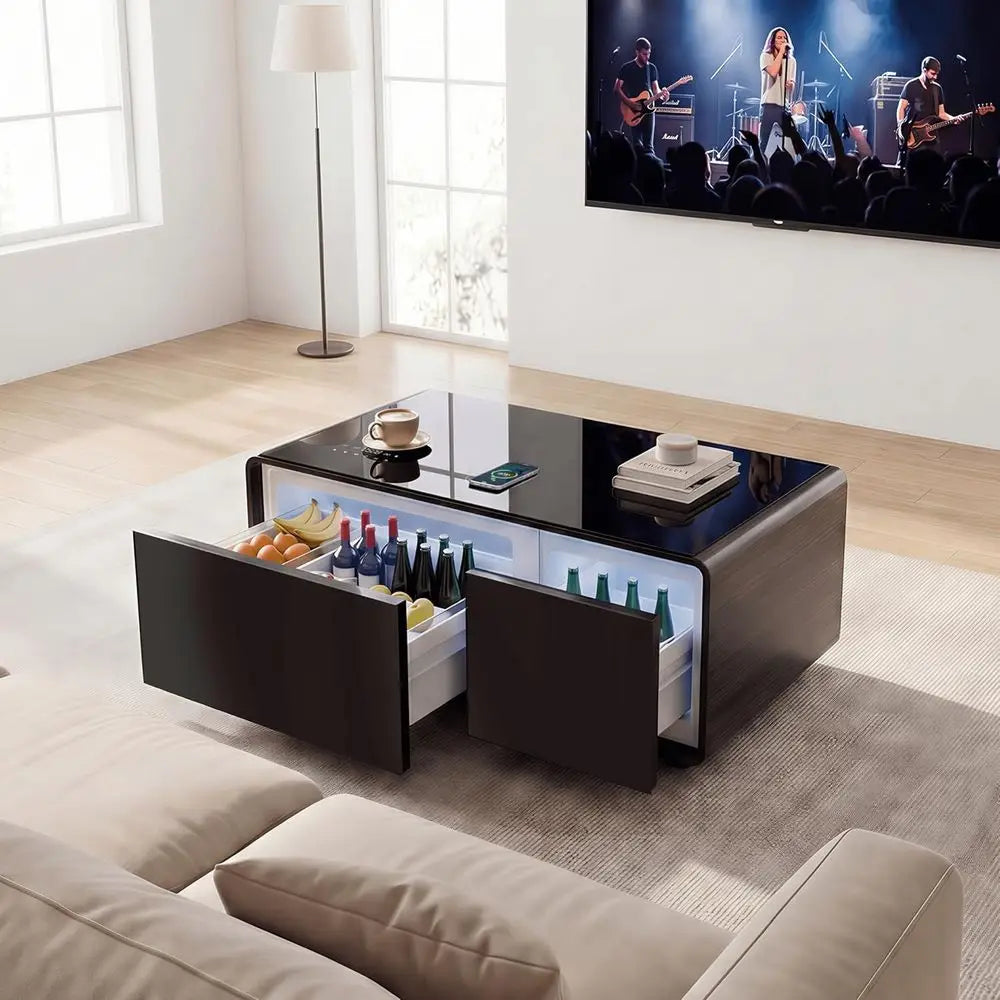Smart Coffee Table with Built in ridge, 23" D x 41.5" W x 18.2" H, 15W Wireless Charging, USB s and Speakers