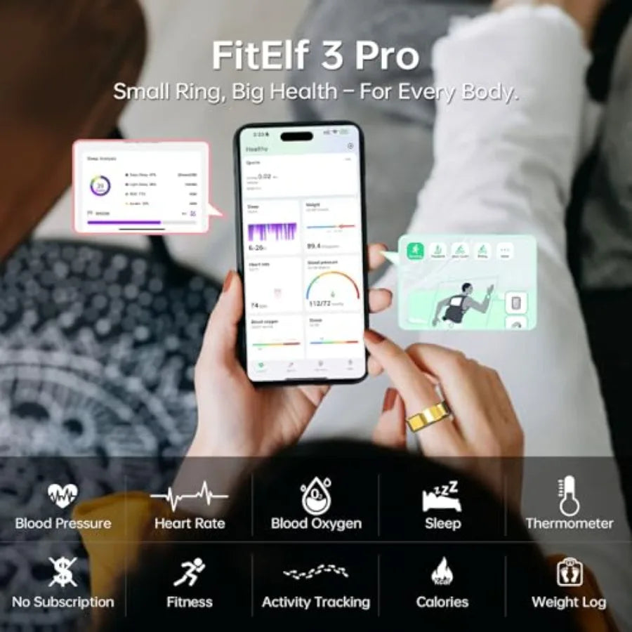 FitElf 3 Pro Smart Ring Fitness Tracker Health Sleep Monitor with Blood Pressure Heart Rate Oxygen Monitoring