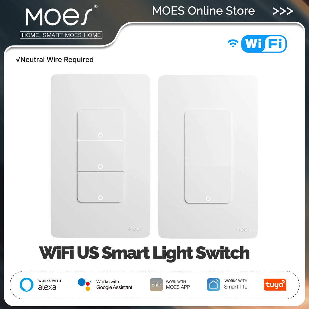 MOES Tuya Smart Light Switch US Single Pole Push Button Wall Switch Work With Alexa Google Home Neutral Wire Required