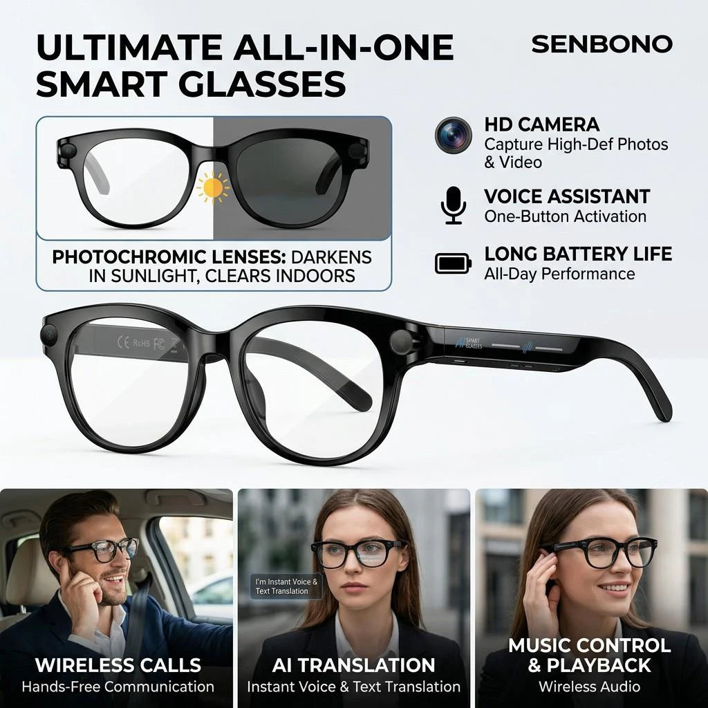 SENBONO 2026 New AI Smart Glasses with 2MP/5MP/8MP Camera 1080P 4K Videos Smart Glasses AI Voice AI Photo Recognition/Translation Wireless Calling Music Control Sunglasses