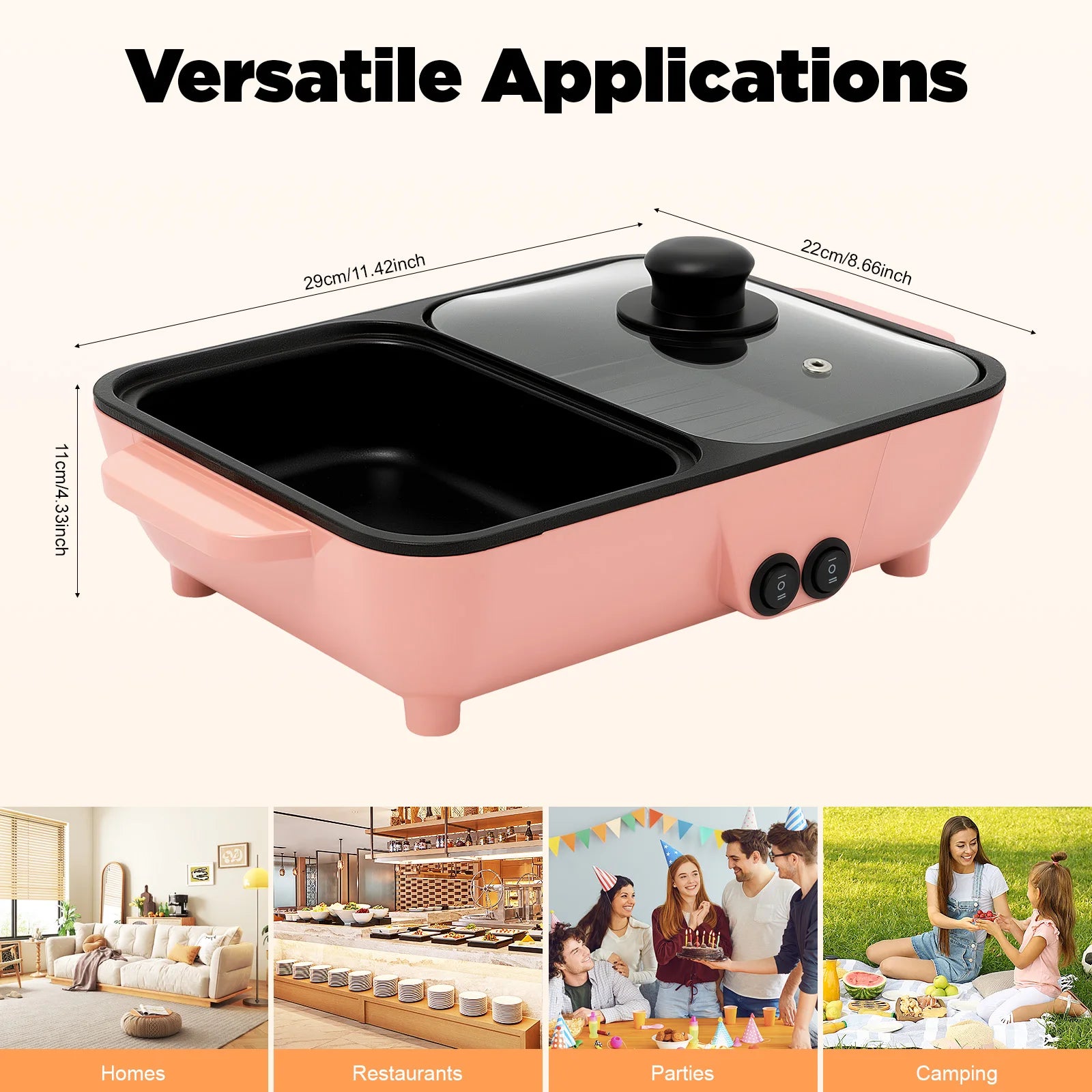 Electric Hot Pot, Mini Shabu Shabu and Grill Pan 110V, Pink Non-Stick Pot, American Standard, Portable Cooking Pot