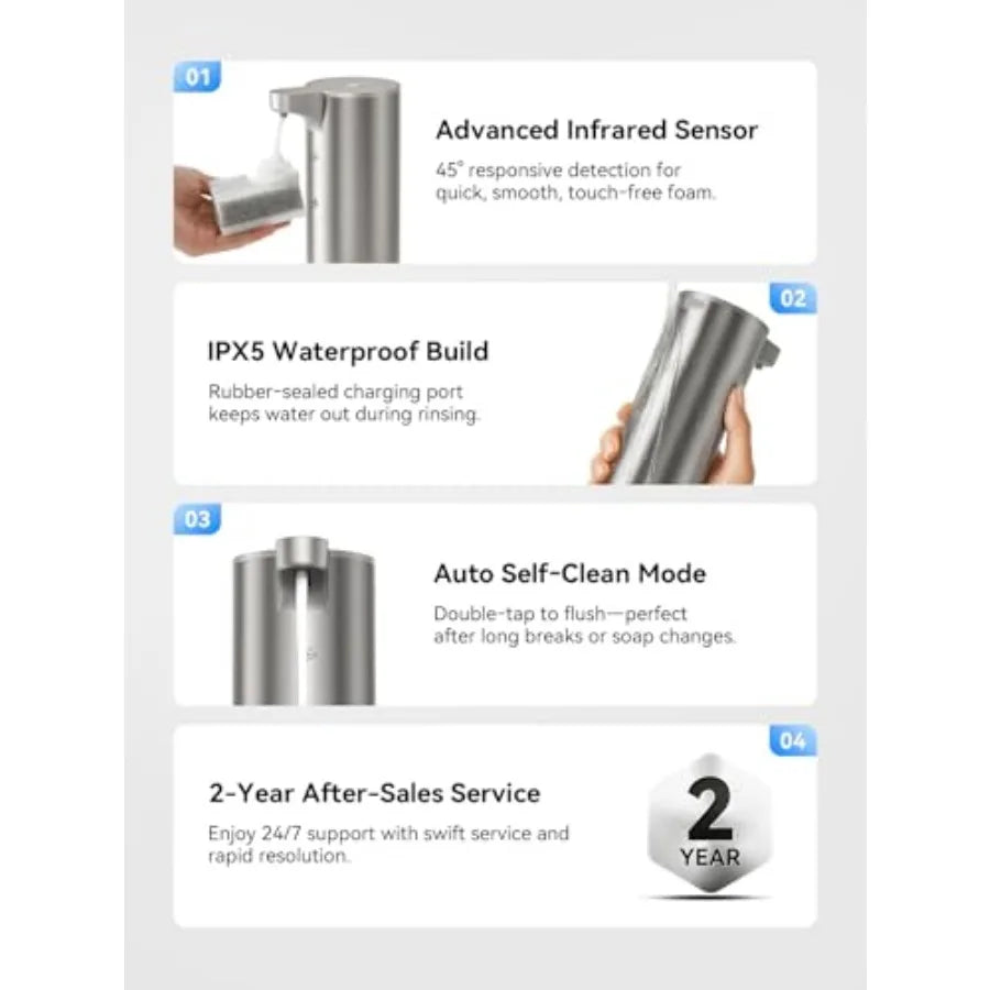 Automatic Touchless Foaming Soap Dispenser , USB-C Rechargeable, Smudge-Resistant