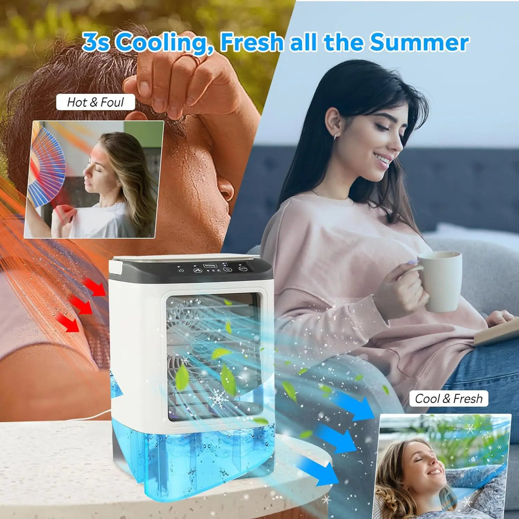 Evaporative Air Cooler with 900ml Water Tank & Ice Box, 7-Color LED Light, 3 Fan Speeds + Boost Mode & 2 Mist Levels, Portable Personal AC Fan