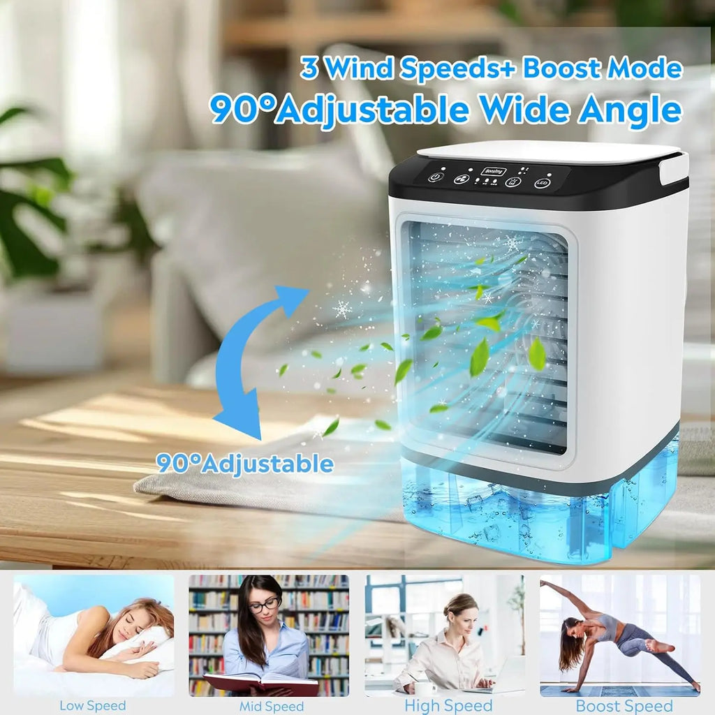 Evaporative Air Cooler with 900ml Water Tank & Ice Box, 7-Color LED Light, 3 Fan Speeds + Boost Mode & 2 Mist Levels, Portable Personal AC Fan