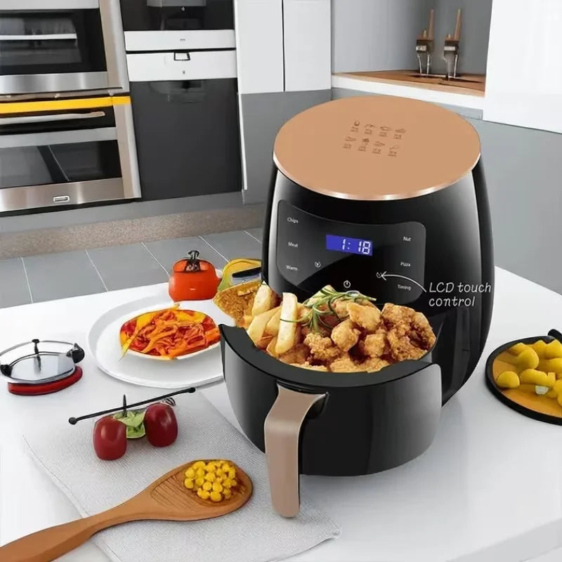 Air Fryer: Features a smart touch screen with color icons, multiple preset recipes, and manual adjustment functions.