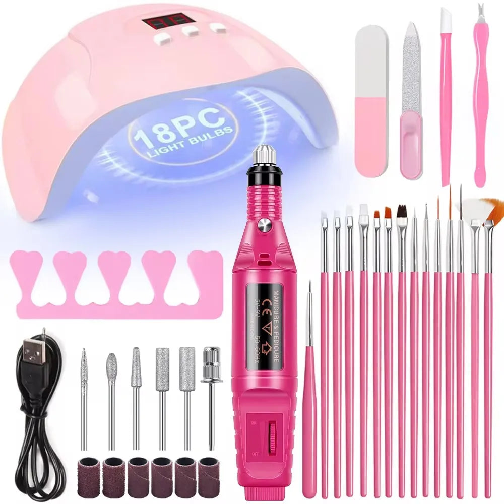 Professional Electric Nail Drill Polish File Kit with UV LED Lamp Gel Manicure Dryer Lamp Acrylic Starter Set