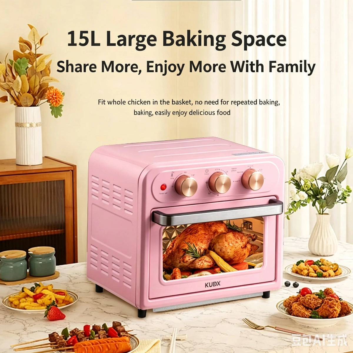 15L Retro Pink Multifunctional Air Fryer/Toaster Oven/Oven Oil-Free Baking Mini Electric Oven 15.85QT Countertop Oven