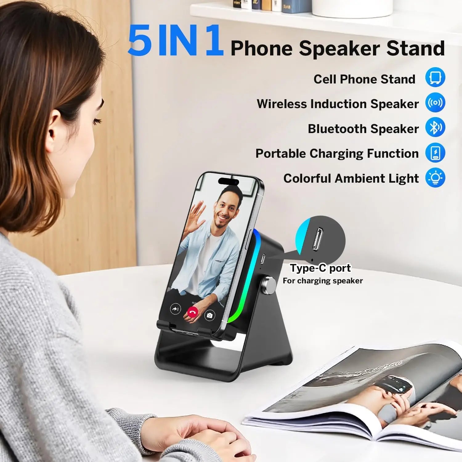 5 In 1  Wireless Speaker 8 RGB Light Phone Stand  Bluetooth