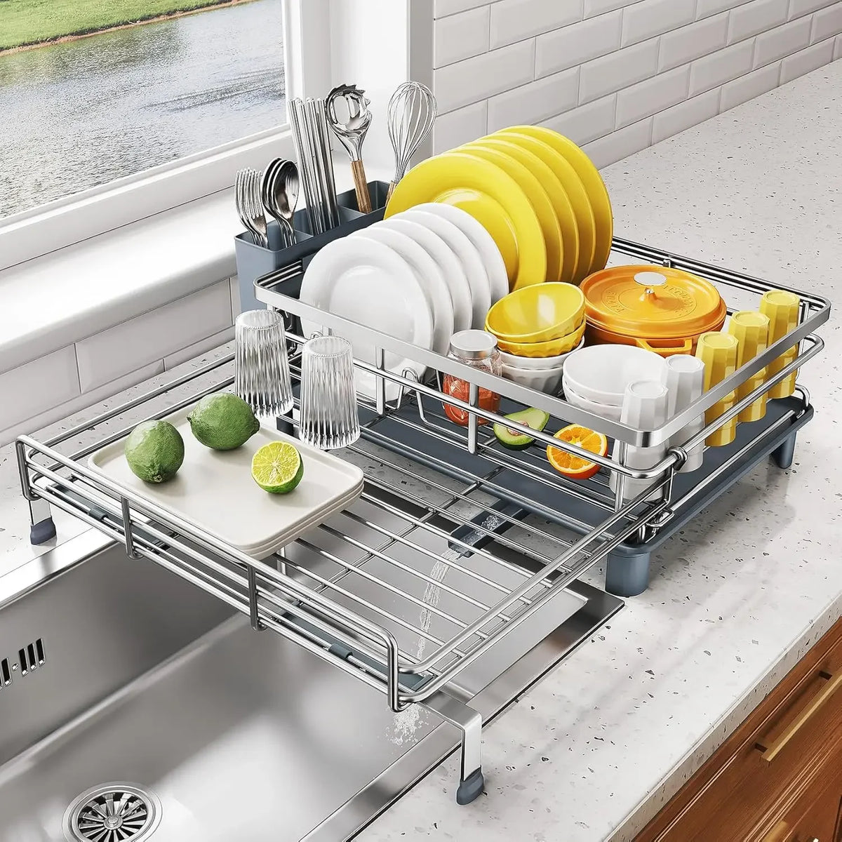 Extendable Dish Drying Rack for Large Sink & Kitchen Counter, Stainless Steel Dish Drainer with Utensil Holder