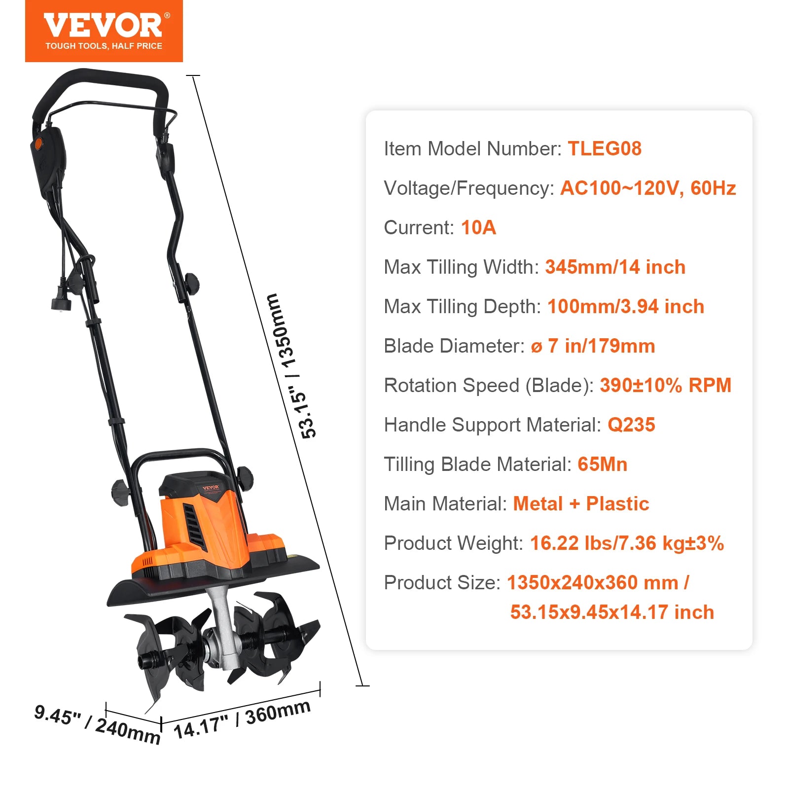 Corded Electric Tiller 18" Tilling Width 3.94" Tilling Depth