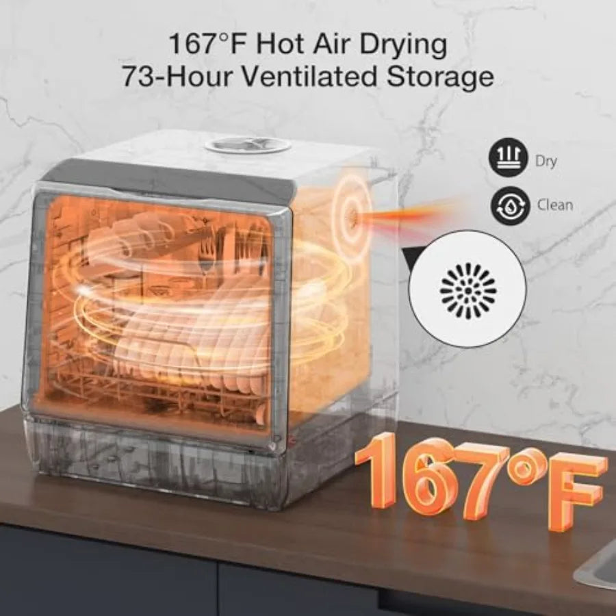 Portable countertop dishwasher for small kitchens, stainless steel gray, WIFI smart control with 5L built-in tank, 6 programs,