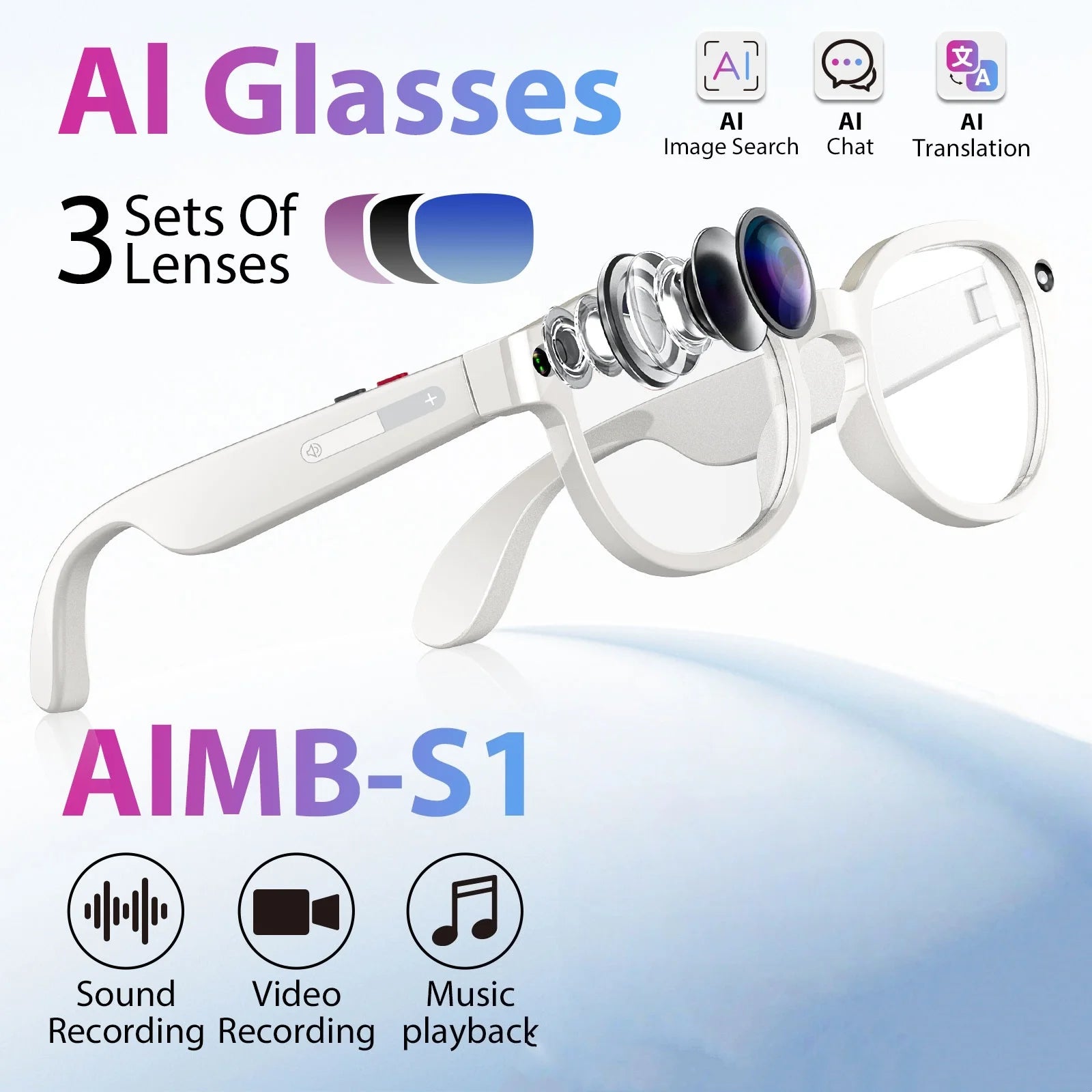 AI glasses, dual cameras, 2 million pixels, with three lenses, wireless smart glasses, hunting glasses, video glasses, AI shooting glasses, cycling glasses, sports camera, long battery life, high sound quality, touch voice