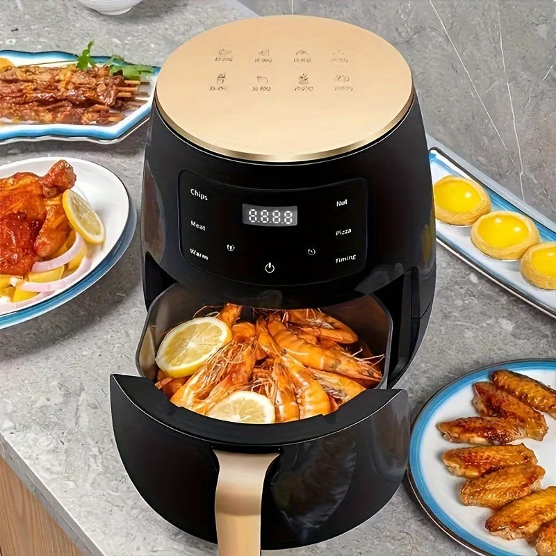 Air Fryer: Features a smart touch screen with color icons, multiple preset recipes, and manual adjustment functions.