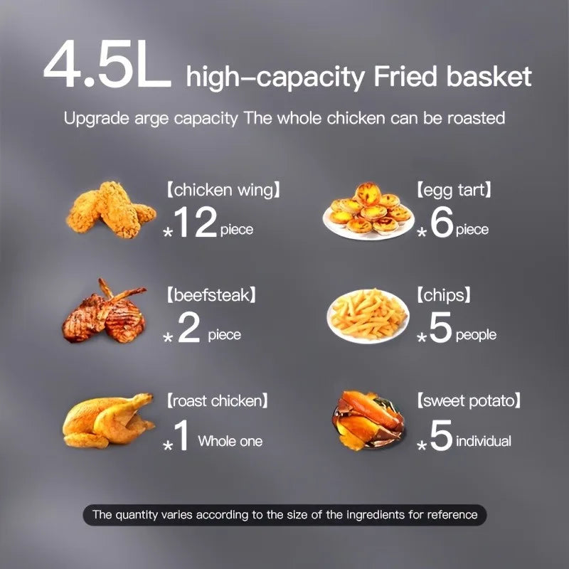 Air Fryer: Features a smart touch screen with color icons, multiple preset recipes, and manual adjustment functions.