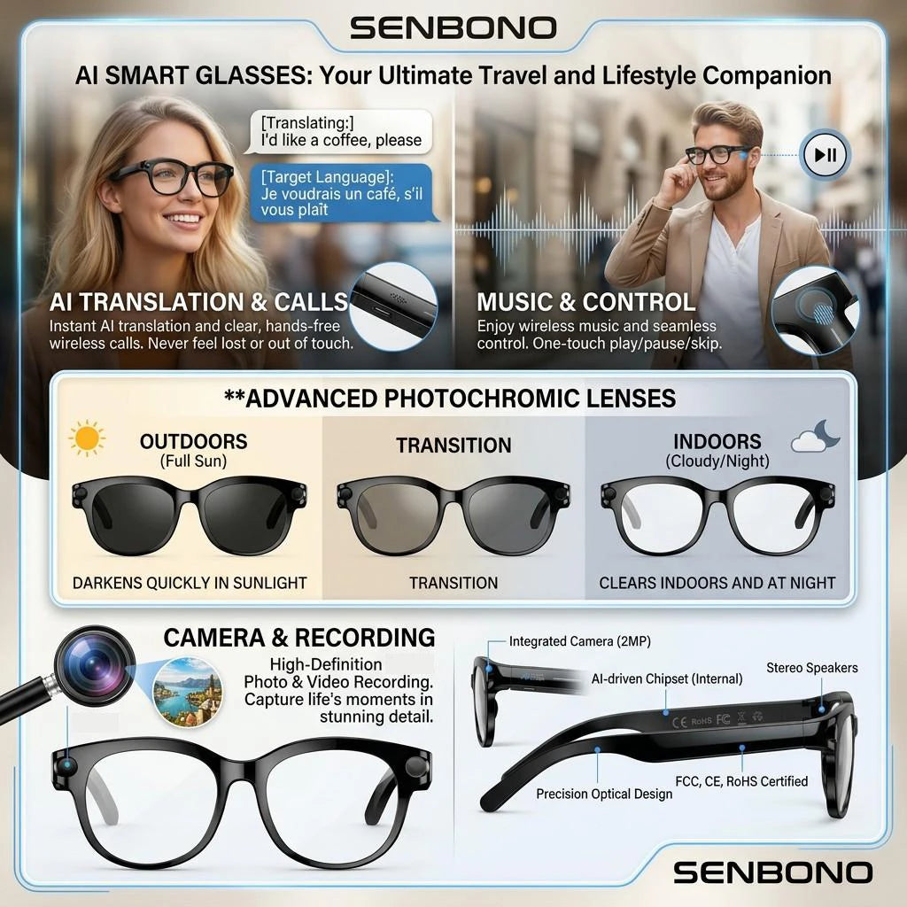 SENBONO 2026 New AI Smart Glasses with 2MP/5MP/8MP Camera 1080P 4K Videos Smart Glasses AI Voice AI Photo Recognition/Translation Wireless Calling Music Control Sunglasses