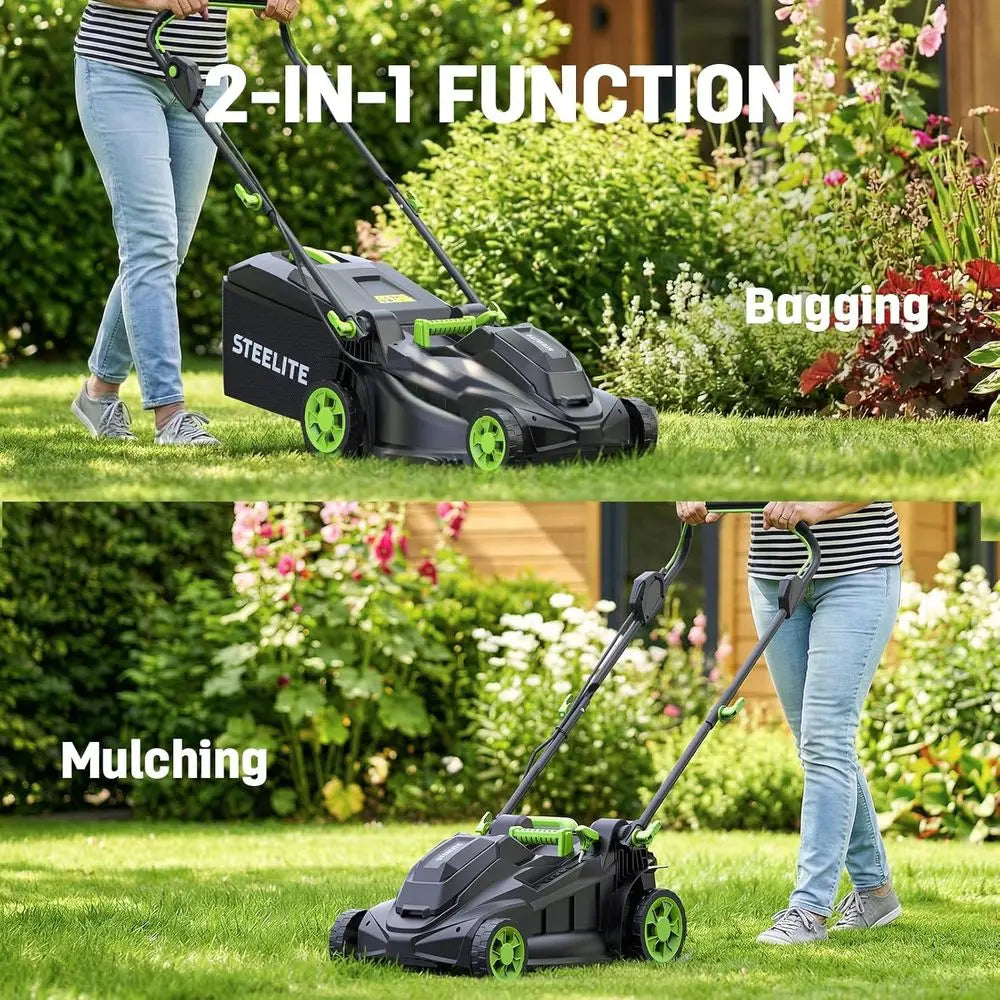Electric Lawn Mower, 6-Height Settings, 2-in-1 Bagging/Mulching, Ideal for Small to Medium Yards, with 2x 4.0Ah