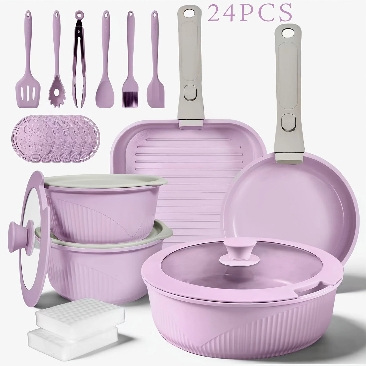 24pcs/7pcs/5pcs Cookware Set Non-Stick Pots & Pans Induction-Ready Kitchen Cookware Set Includes Skillet/Frying Pan/Soup Pot/Steak Pan Removable Handles
