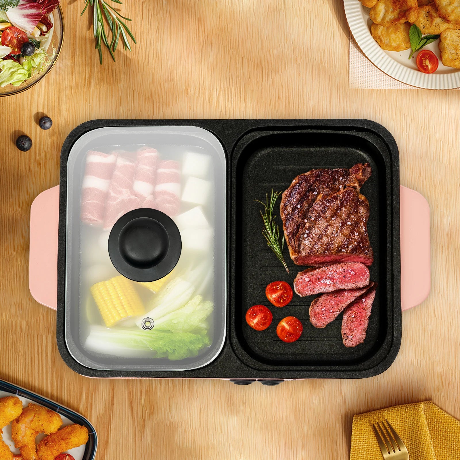Electric Hot Pot, Mini Shabu Shabu and Grill Pan 110V, Pink Non-Stick Pot, American Standard, Portable Cooking Pot
