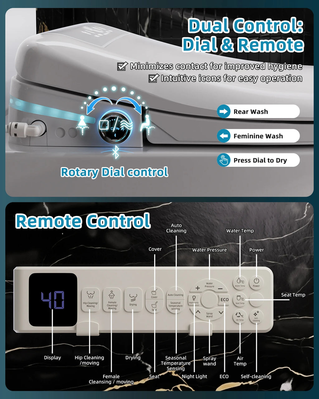 Elongated Smart Toilet Seat with Air Dryer, Night Light And Remote Control for Enhanced Bathroom Experience